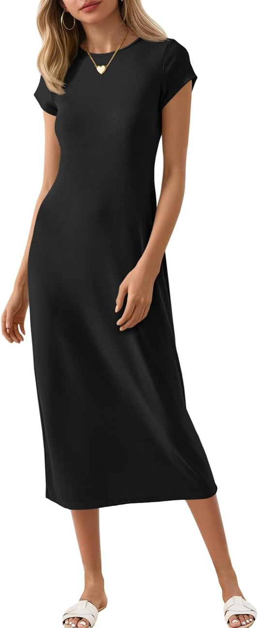 Wenrine Women's Short Sleeve T-Shirt Dress Summer Casual Long Midi Dresses