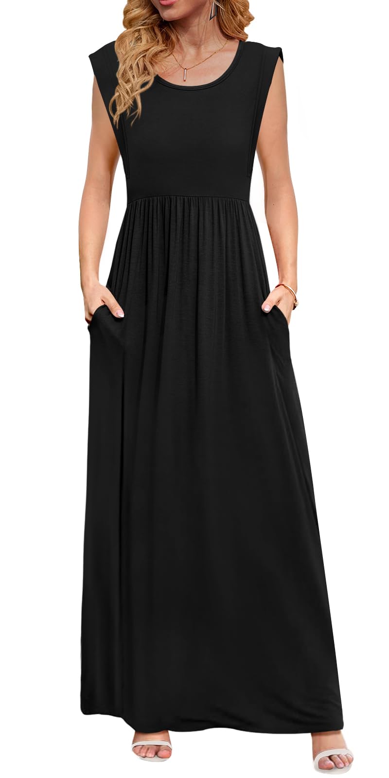 DB MOON Womens 2026 Maxi Dresses Empire Waist Long Summer Dress Casual Cap Short Sleeve Sundress with Pockets