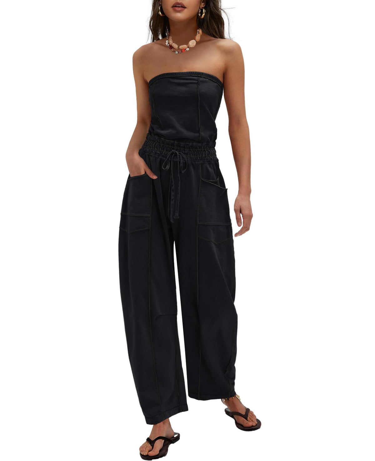 LAMISSCHE Womens Casual Strapless Jumpsuits off the Shoulder Summer Rompers Sleeveless One Piece Outfits with Pockets