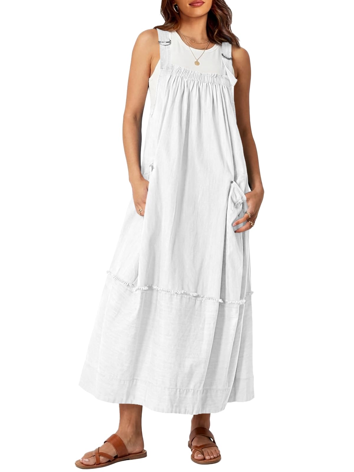 Cicy Bell Women's Denim Overall Dress Casual Adjutable Strap Back Drawstring Loose Jumper Bib Maxi Dresses with Pockets