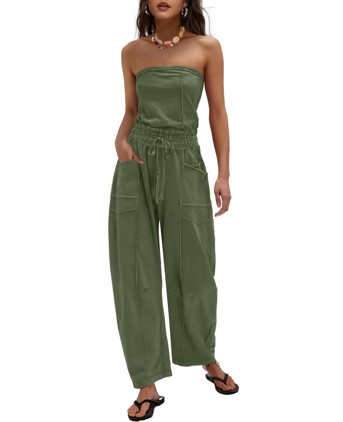 LAMISSCHE Womens Casual Strapless Jumpsuits off the Shoulder Summer Rompers Sleeveless One Piece Outfits with Pockets