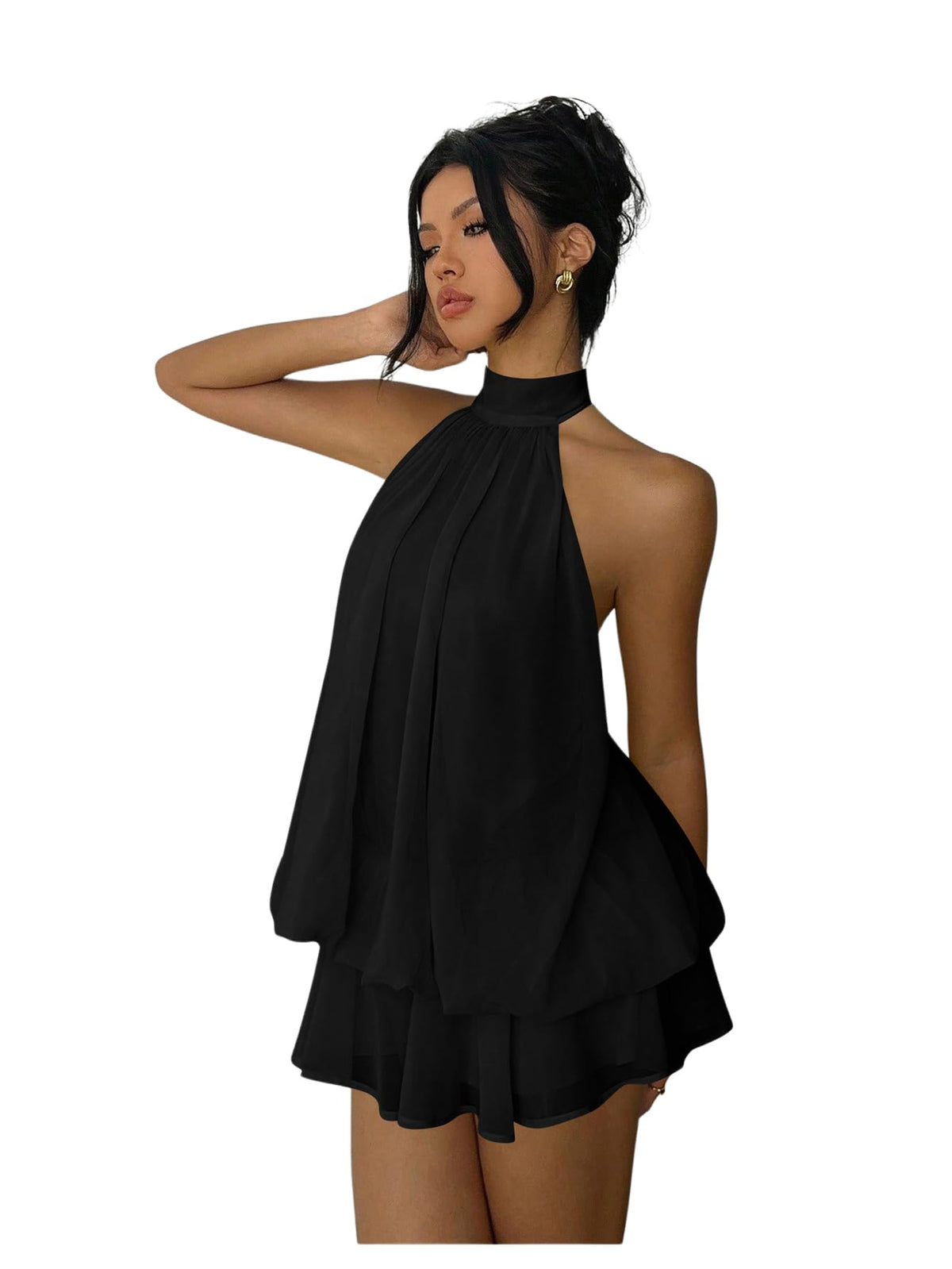 Verdusa Women's Chiffon Halter Drop Waist Flowy Wedding Guest Mini Dresses