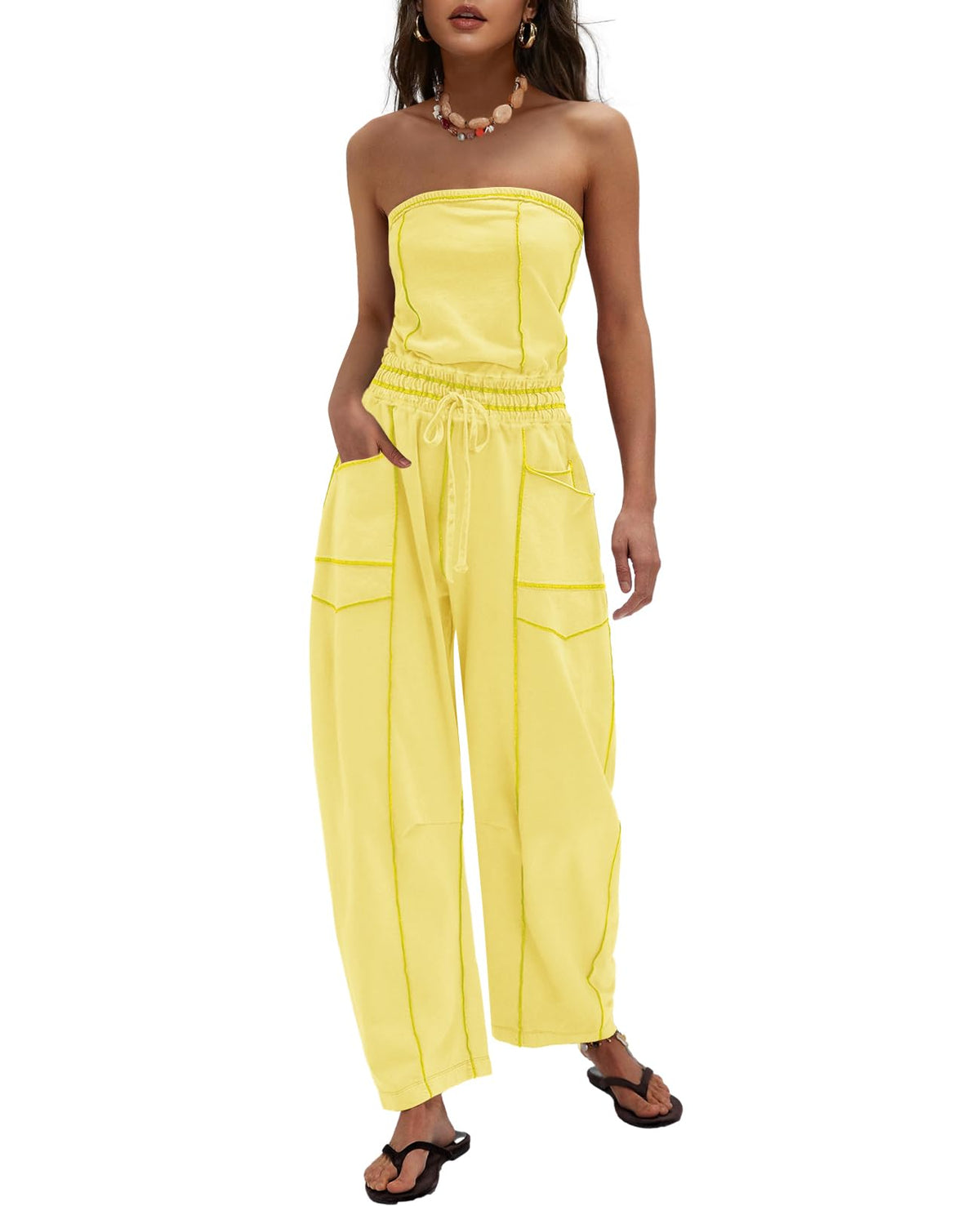 LAMISSCHE Womens Casual Strapless Jumpsuits off the Shoulder Summer Rompers Sleeveless One Piece Outfits with Pockets