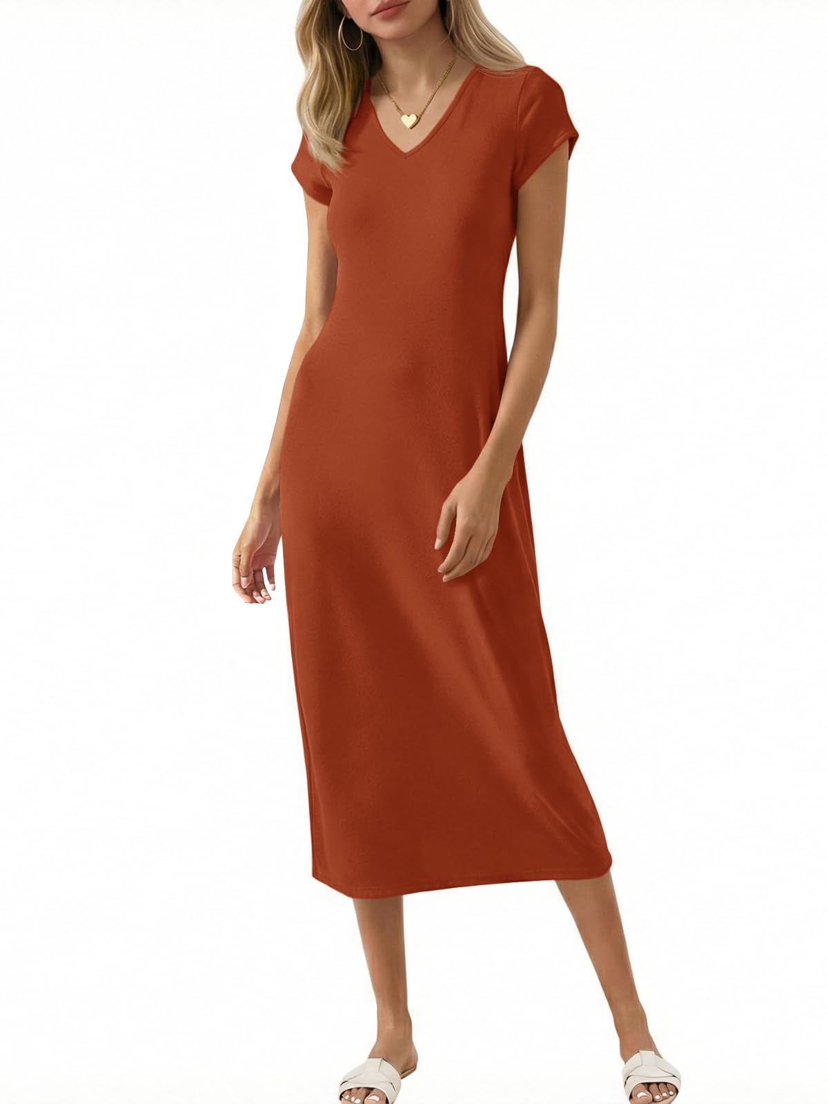 Wenrine Womens Short Sleeve T-Shirt Dress V Neck Summer Casual Midi Dresses