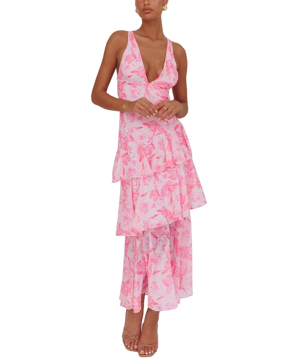 Women's Floral Maxi Dress Sexy Deep V Neck Backless Ruffles Dresses Beach Party Wedding Guest Dress