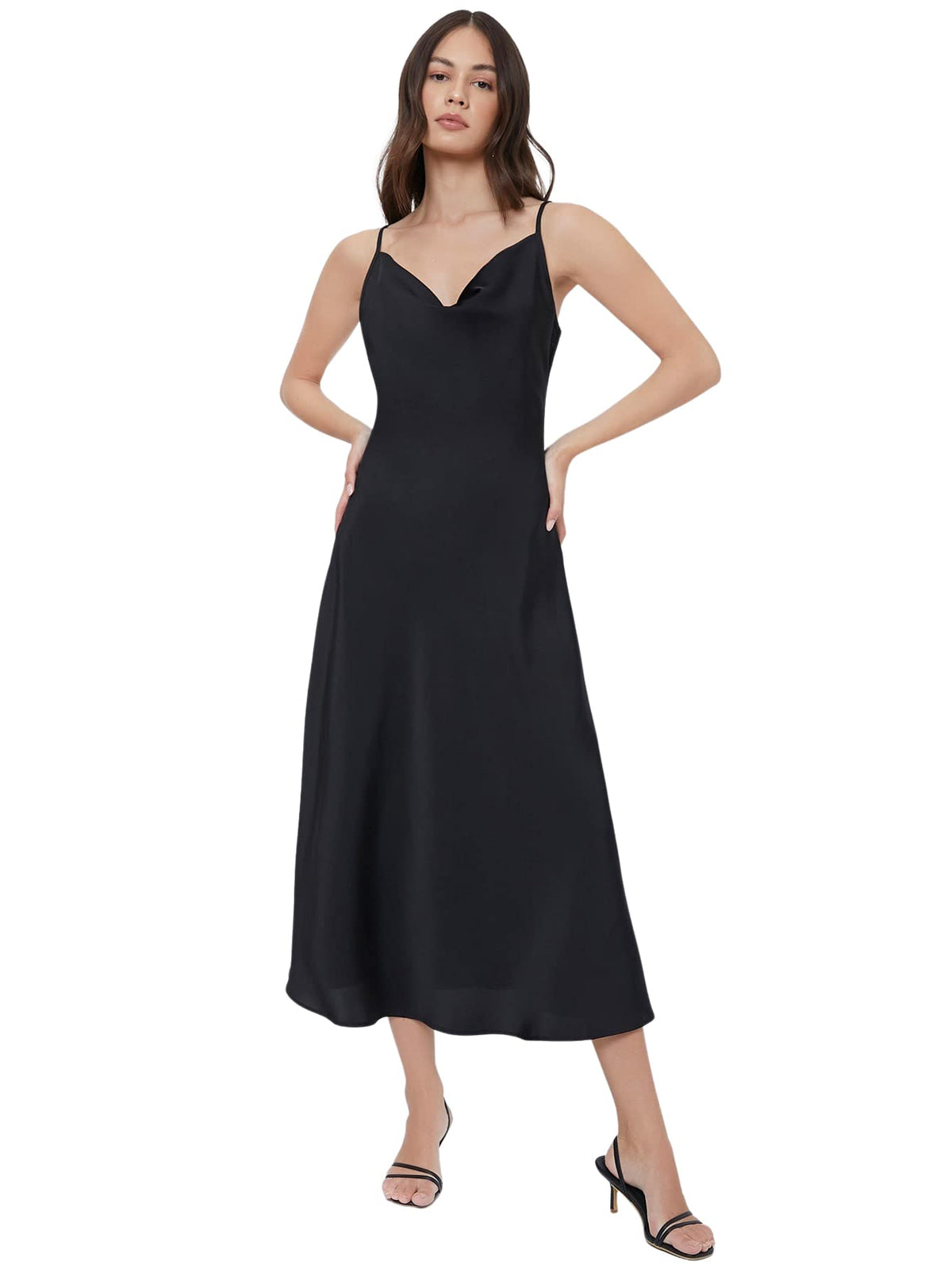 Floerns Women's Spaghetti Strap Cowl Neck Long Slip Satin Silk Midi Dress