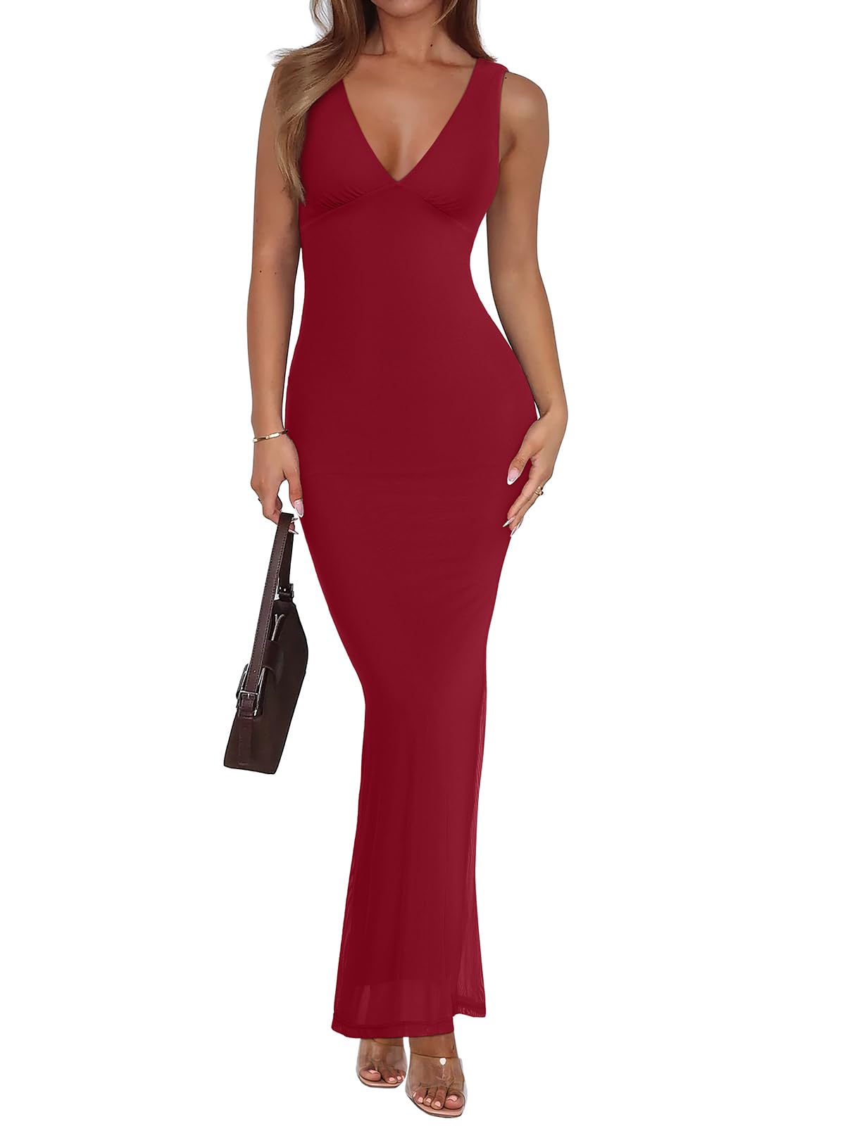 REORIA Women's Summer V Neck Sleeveless Maxi Dress Sexy Mesh Long Dresses
