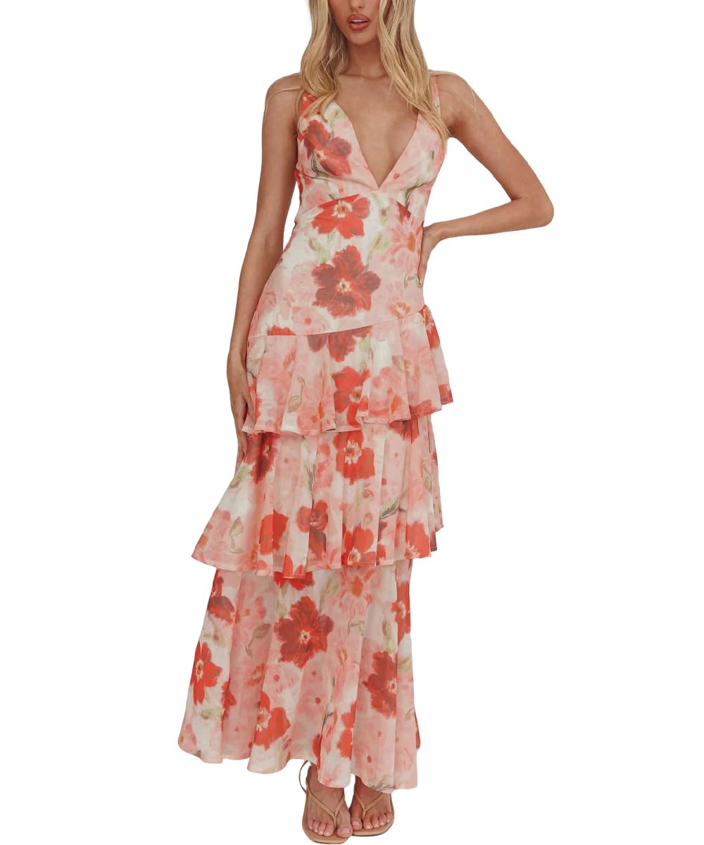 Women's Floral Maxi Dress Sexy Deep V Neck Backless Ruffles Dresses Beach Party Wedding Guest Dress
