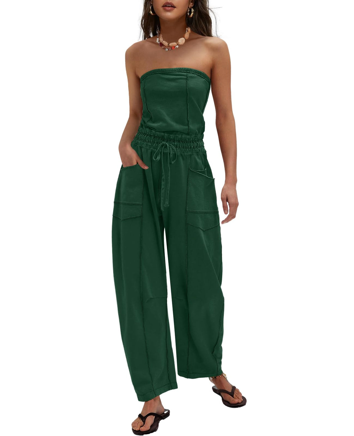 LAMISSCHE Womens Casual Strapless Jumpsuits off the Shoulder Summer Rompers Sleeveless One Piece Outfits with Pockets