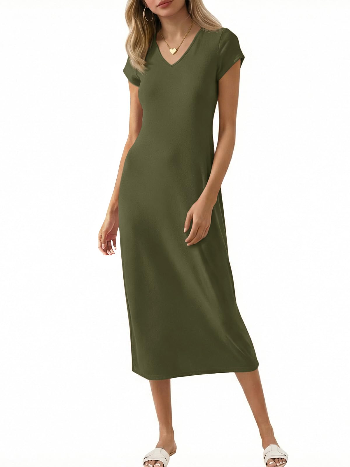 Wenrine Womens Short Sleeve T-Shirt Dress V Neck Summer Casual Midi Dresses
