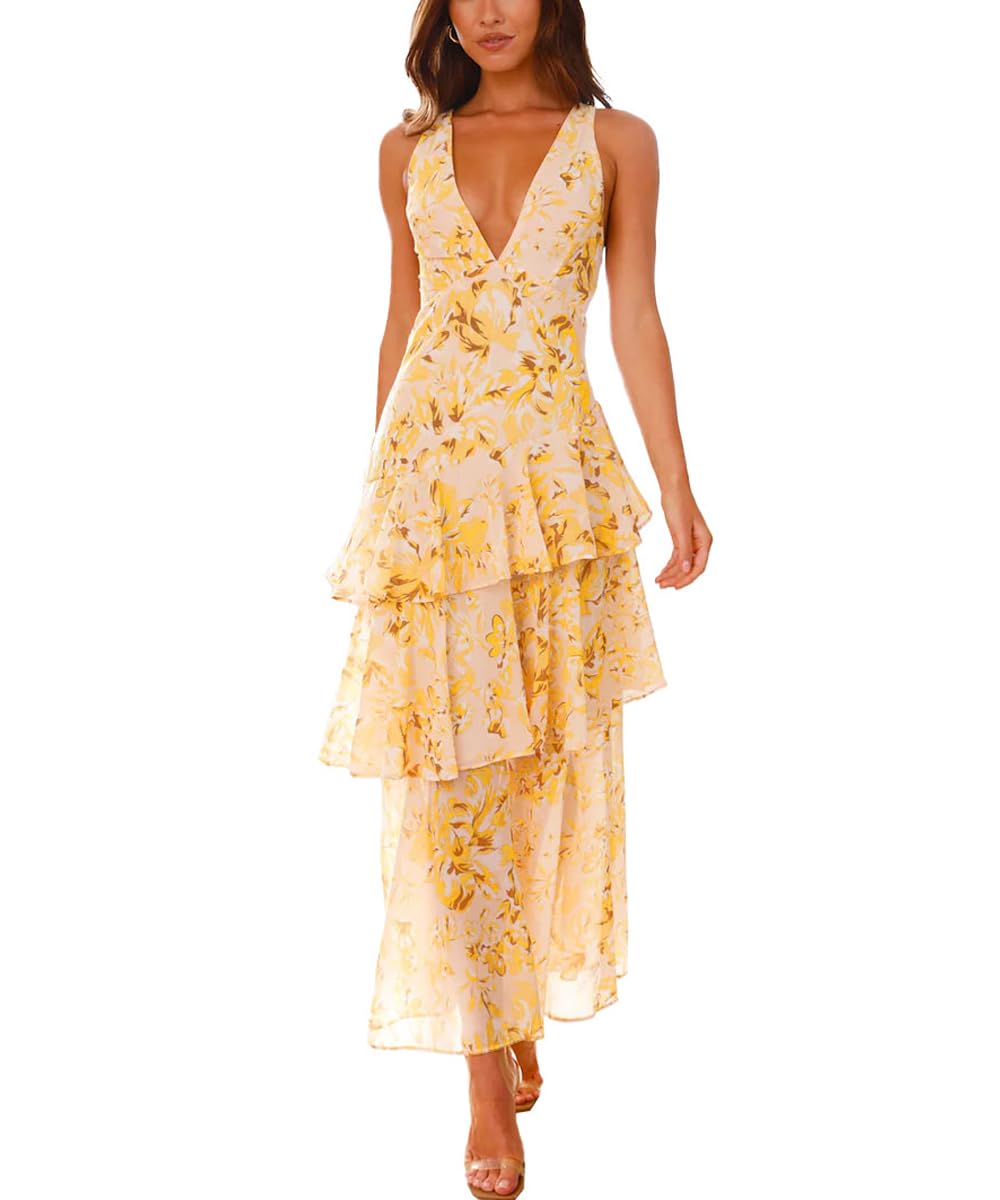 Women's Floral Maxi Dress Sexy Deep V Neck Backless Ruffles Dresses Beach Party Wedding Guest Dress
