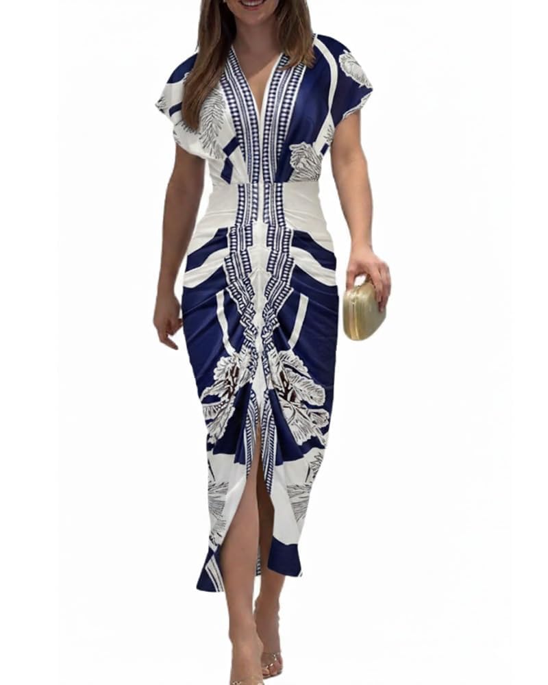 CHICME Dresses for Women Floral Plunge V Neck Ruched Midi Dress