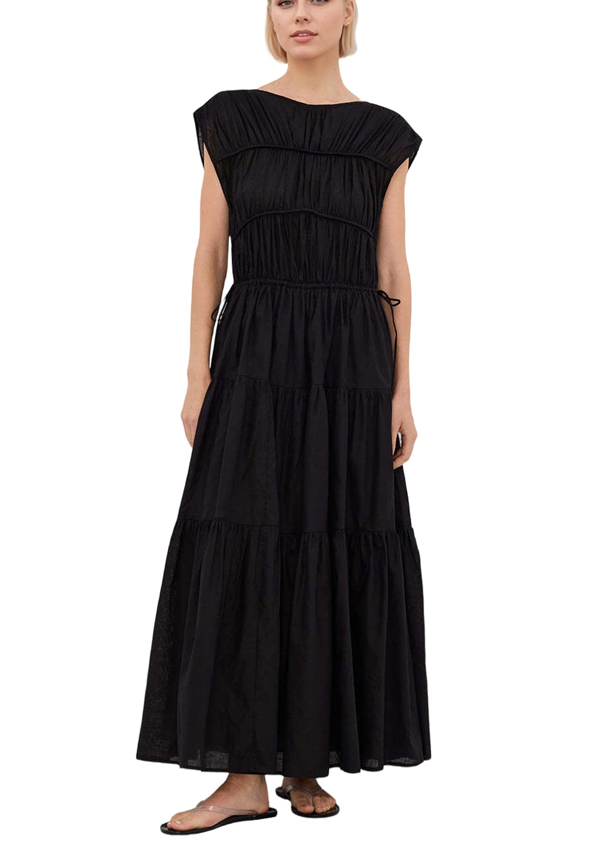 calbatic Women Pleated Ruched Tiered Maxi Dress Sleeveless Patchwork Ruffle Hem A Line Flowy Summer Elegant Long Dress