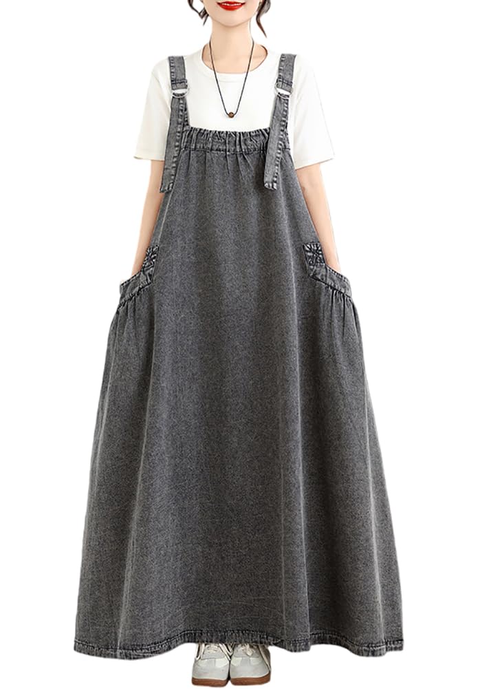Denim Jumper Dress for Women Loose Version Baggy Style Maxi Length Adjustable Straps Wide Hemline