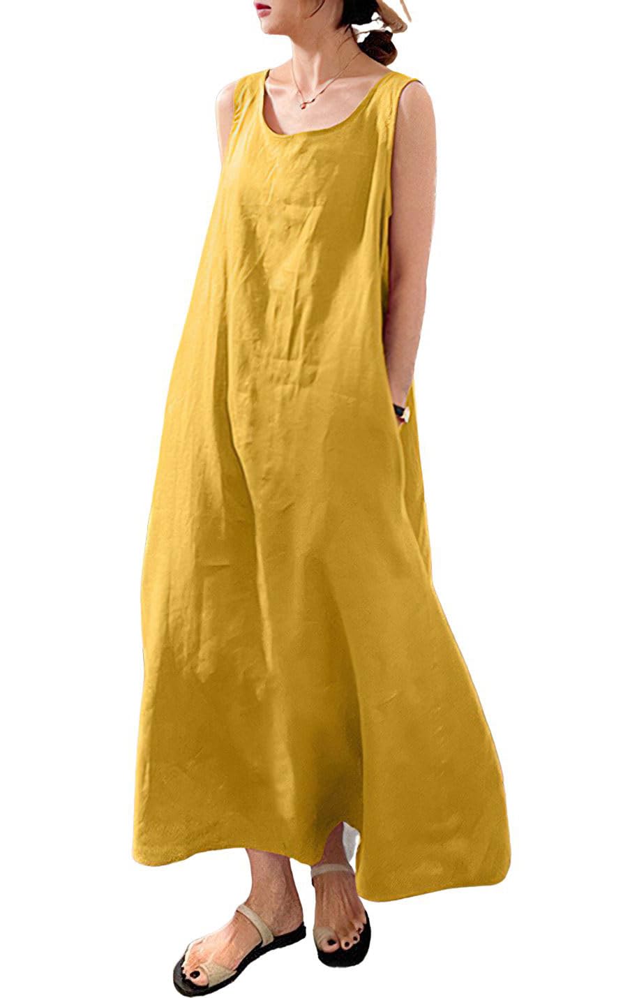 chouyatou Women's Summer Casual Sleeveless Cotton Sun Dress Maxi Tunic Tank Beach Dress with Pocket