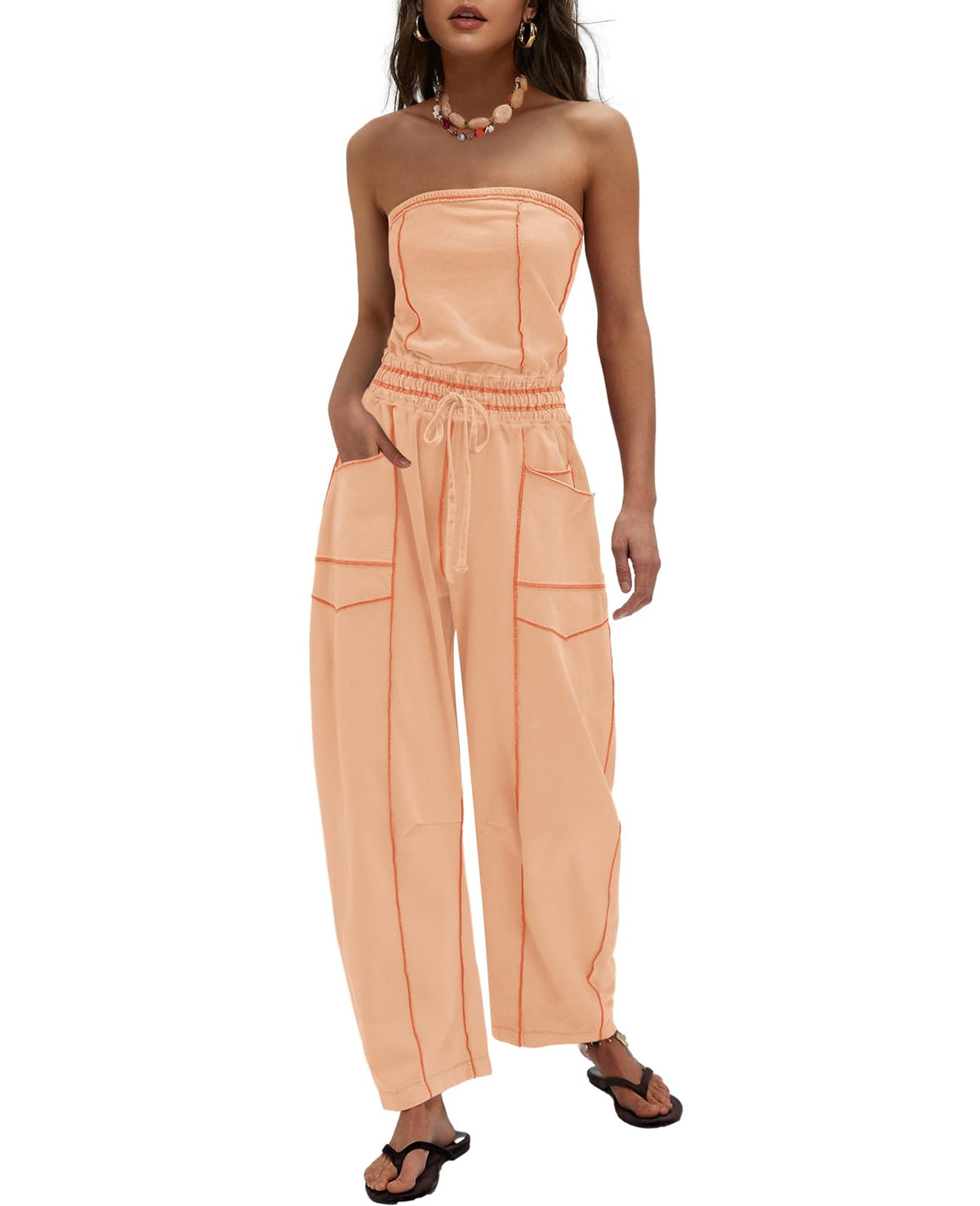 LAMISSCHE Womens Casual Strapless Jumpsuits off the Shoulder Summer Rompers Sleeveless One Piece Outfits with Pockets