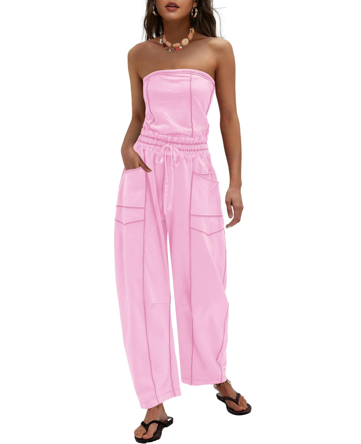 LAMISSCHE Womens Casual Strapless Jumpsuits off the Shoulder Summer Rompers Sleeveless One Piece Outfits with Pockets