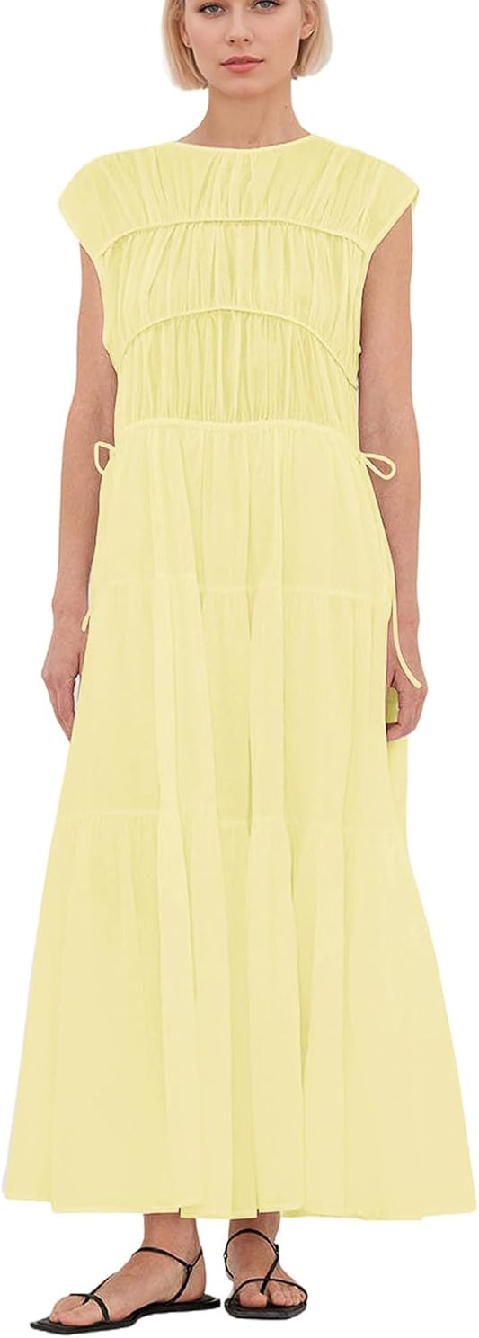 calbatic Women Pleated Ruched Tiered Maxi Dress Sleeveless Patchwork Ruffle Hem A Line Flowy Summer Elegant Long Dress