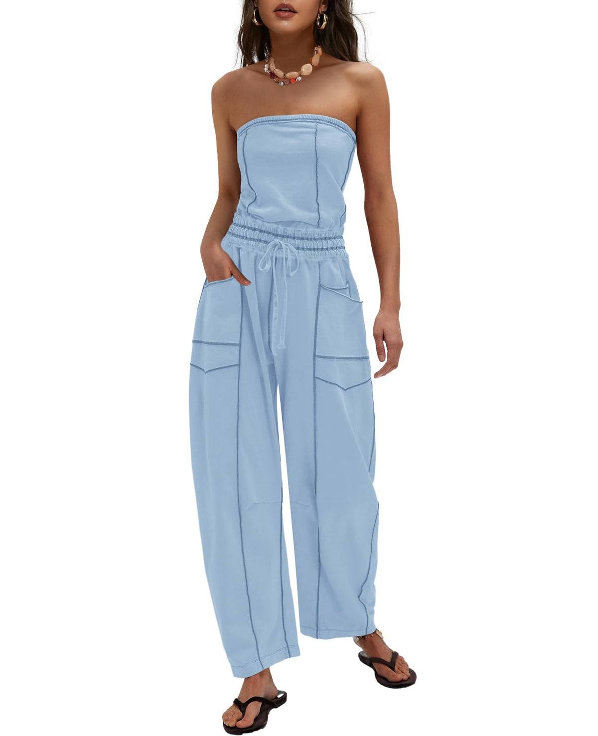 LAMISSCHE Womens Casual Strapless Jumpsuits off the Shoulder Summer Rompers Sleeveless One Piece Outfits with Pockets