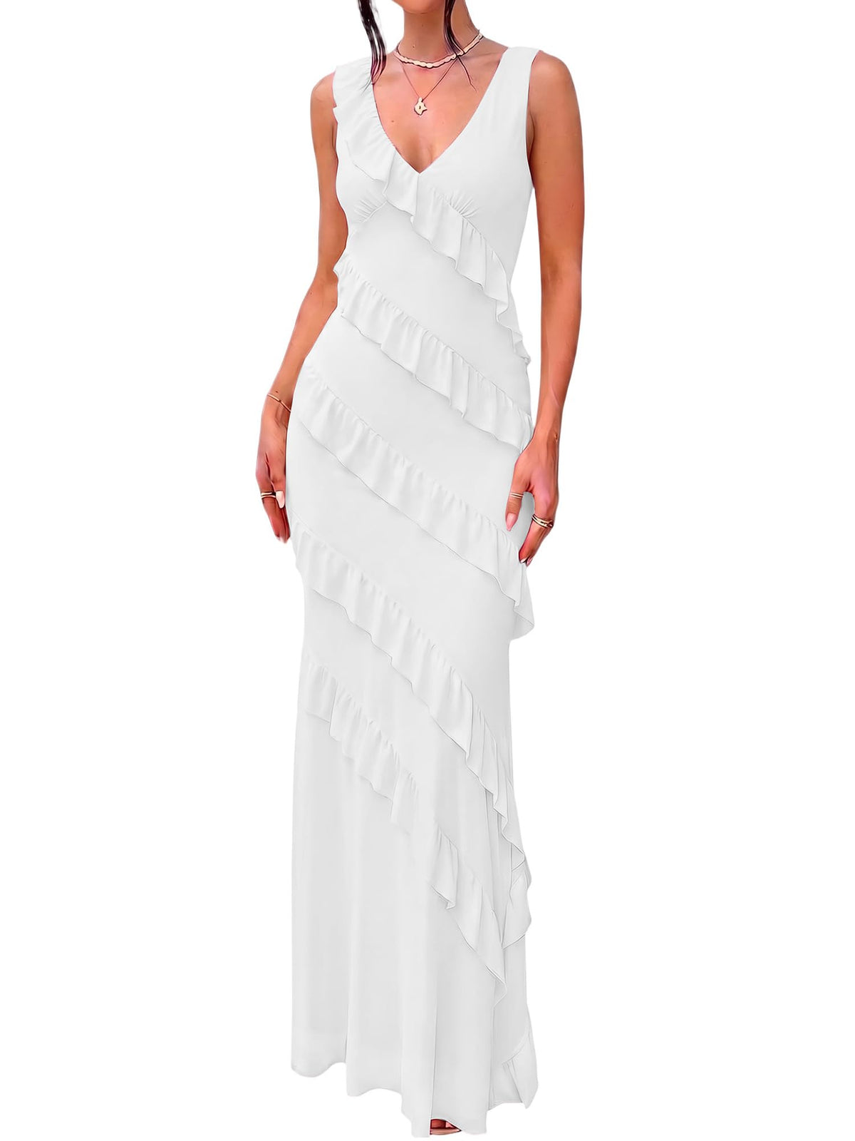 HOCILLE Women's Sexy V Neck Backless Long Cocktail Dress Bodycon Elegant Ruffle Maxi Wedding Guest Party Dresses