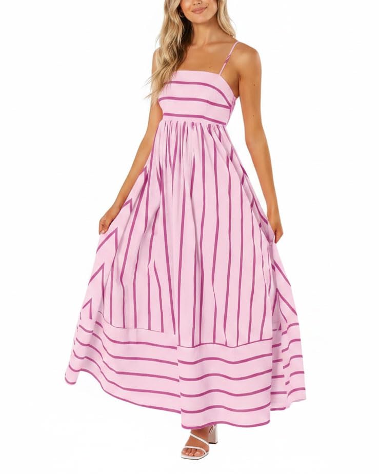 chouyatou Women's Striped Back Smocked Maxi Dress Sexy Spaghetti Strap Cut Out Flowy Swing Long Dress