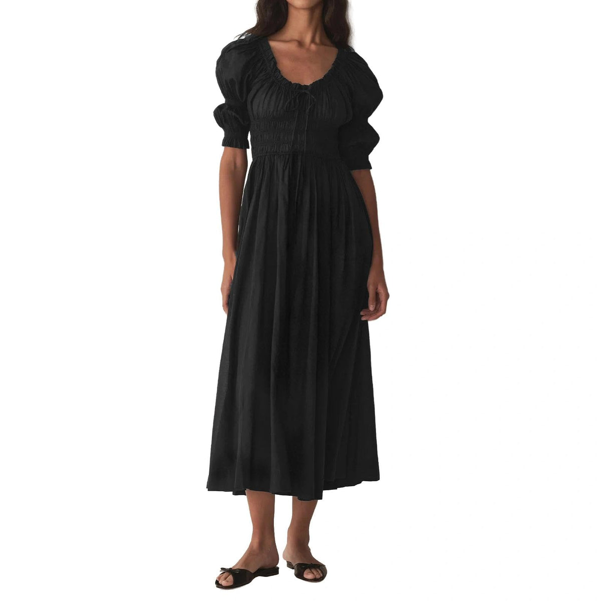 ABYOVRT Women Smocked Dresses Puff Sleeve Off Shoulder Flowy Midi Dress Baby Shower Summer Fall