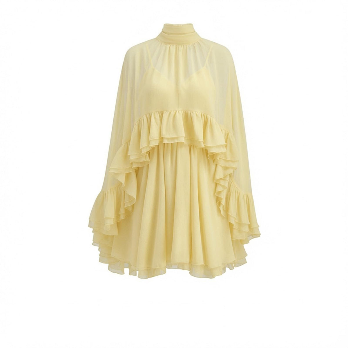 Women’s Semi Sheer Chiffon Ruffle Dress with Outer Cape, Poncho Sleeve Flowy Mini Dress, Loose Fit Elegant Summer Dress
