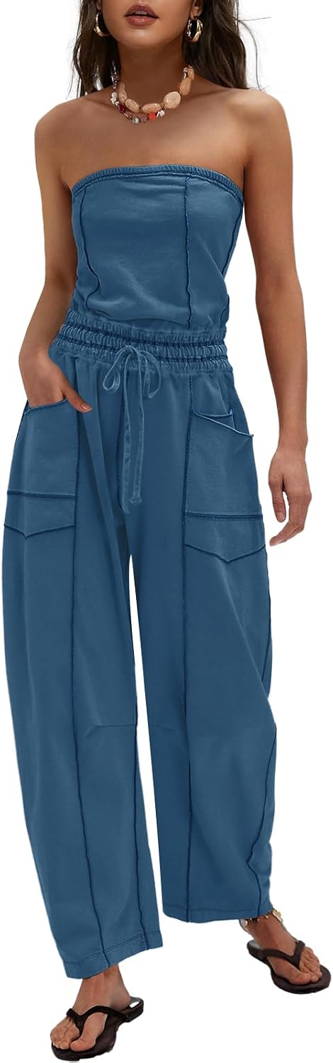 LAMISSCHE Womens Casual Strapless Jumpsuits off the Shoulder Summer Rompers Sleeveless One Piece Outfits with Pockets