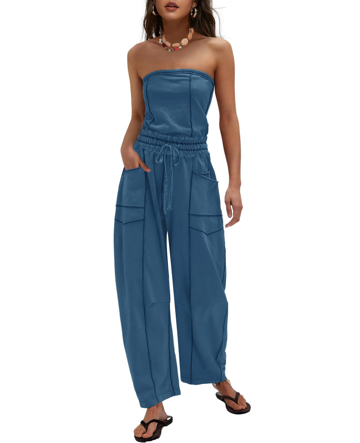 LAMISSCHE Womens Casual Strapless Jumpsuits off the Shoulder Summer Rompers Sleeveless One Piece Outfits with Pockets
