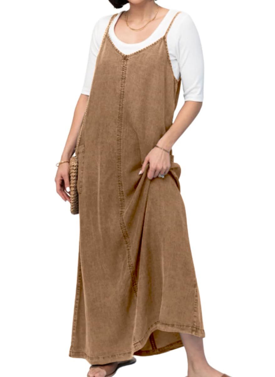 chouyatou Women's Summer Spaghetti Strap Denim Dress A-Line Overall Dress Flowy Swing Maxi Long Jean Dress