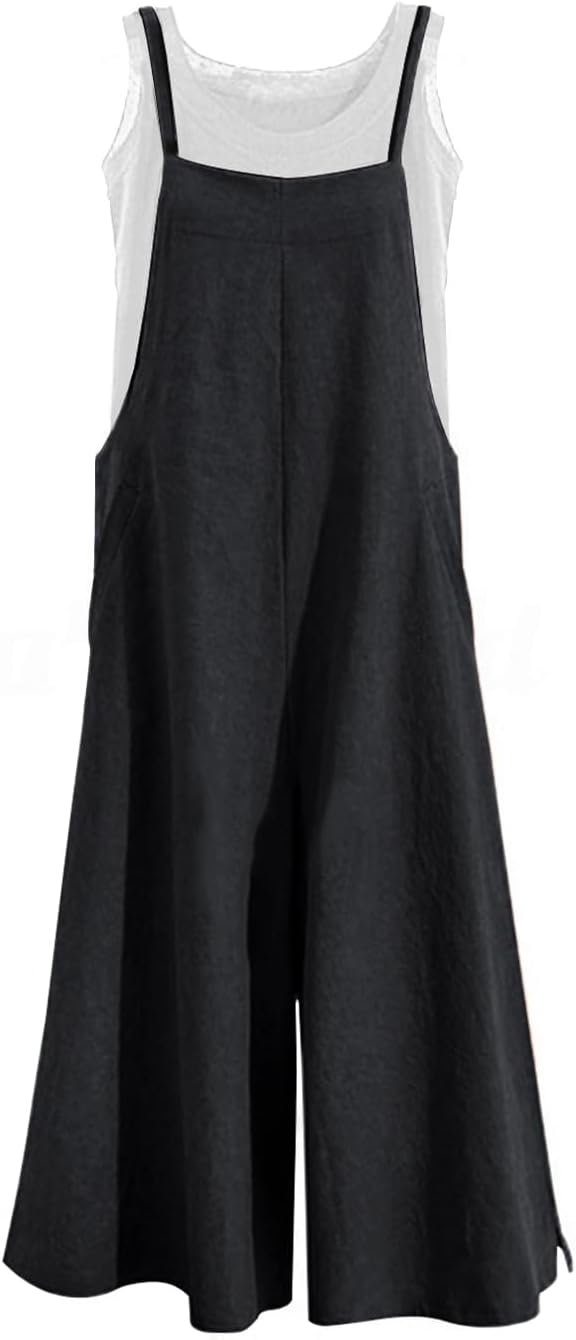 YESNO Women Casual Loose Long Bib Pants Wide Leg Jumpsuits Baggy Cotton Rompers Overalls with Pockets PZZTYP2