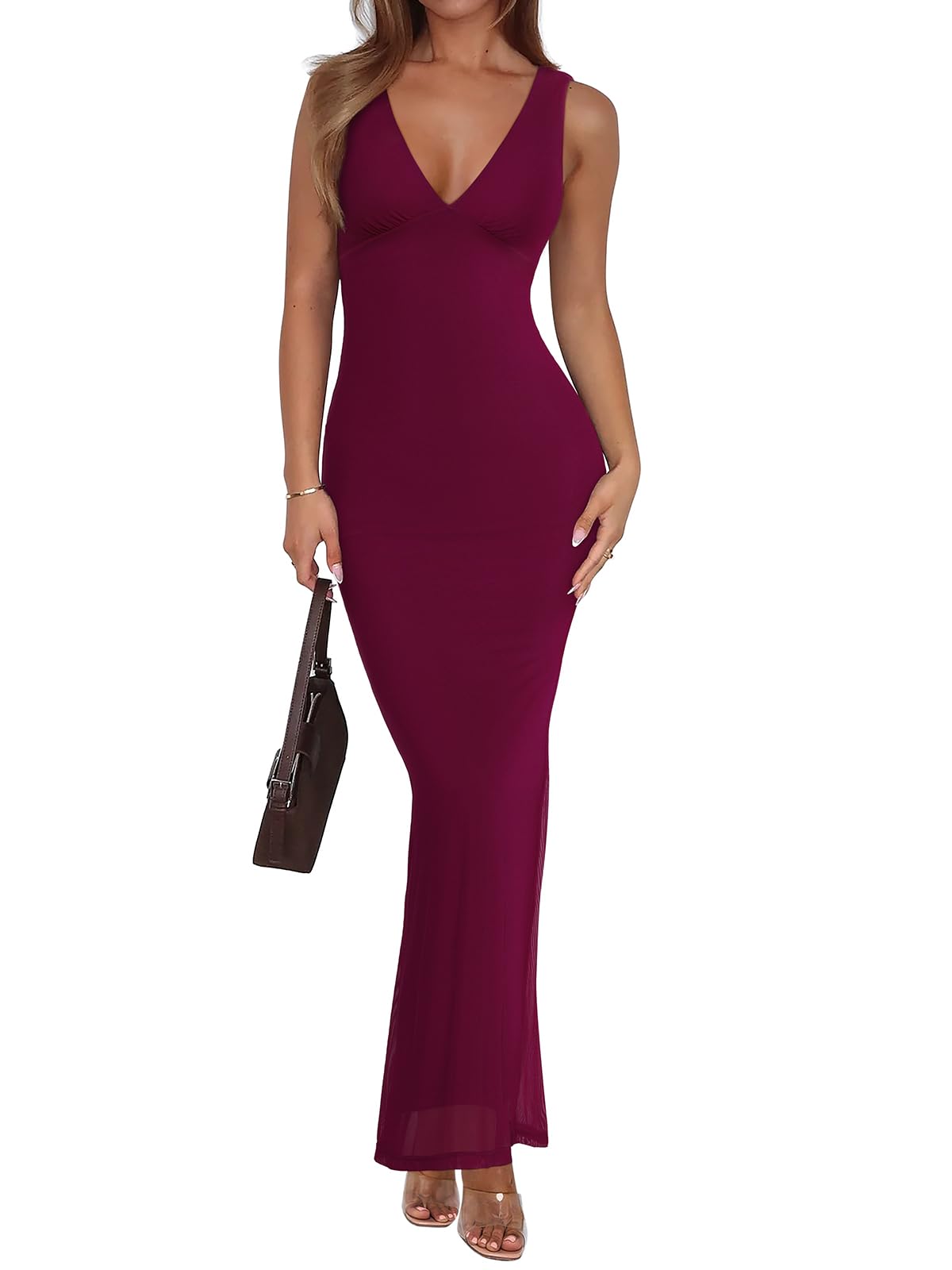 REORIA Women's Summer V Neck Sleeveless Maxi Dress Sexy Mesh Long Dresses