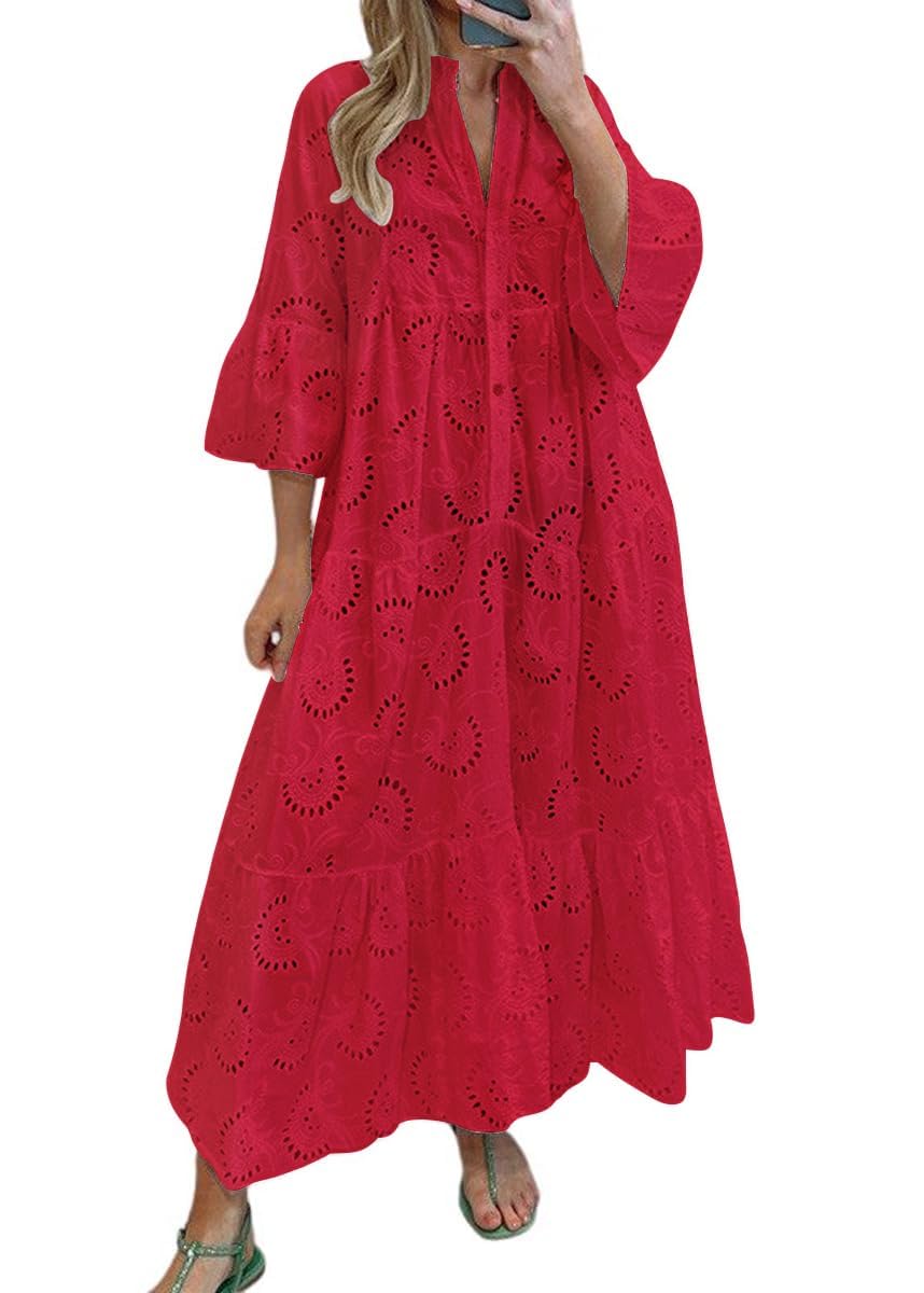 chouyatou Women's 2026 Lace Eyelet Embroidery Maxi Dress V-Neck Trumpet Sleeve Boho Flowy Swing Dress