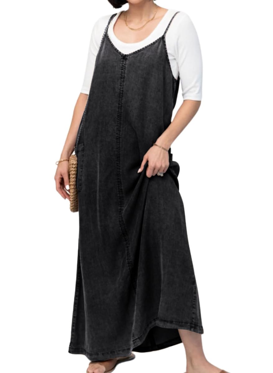 chouyatou Women's Summer Spaghetti Strap Denim Dress A-Line Overall Dress Flowy Swing Maxi Long Jean Dress