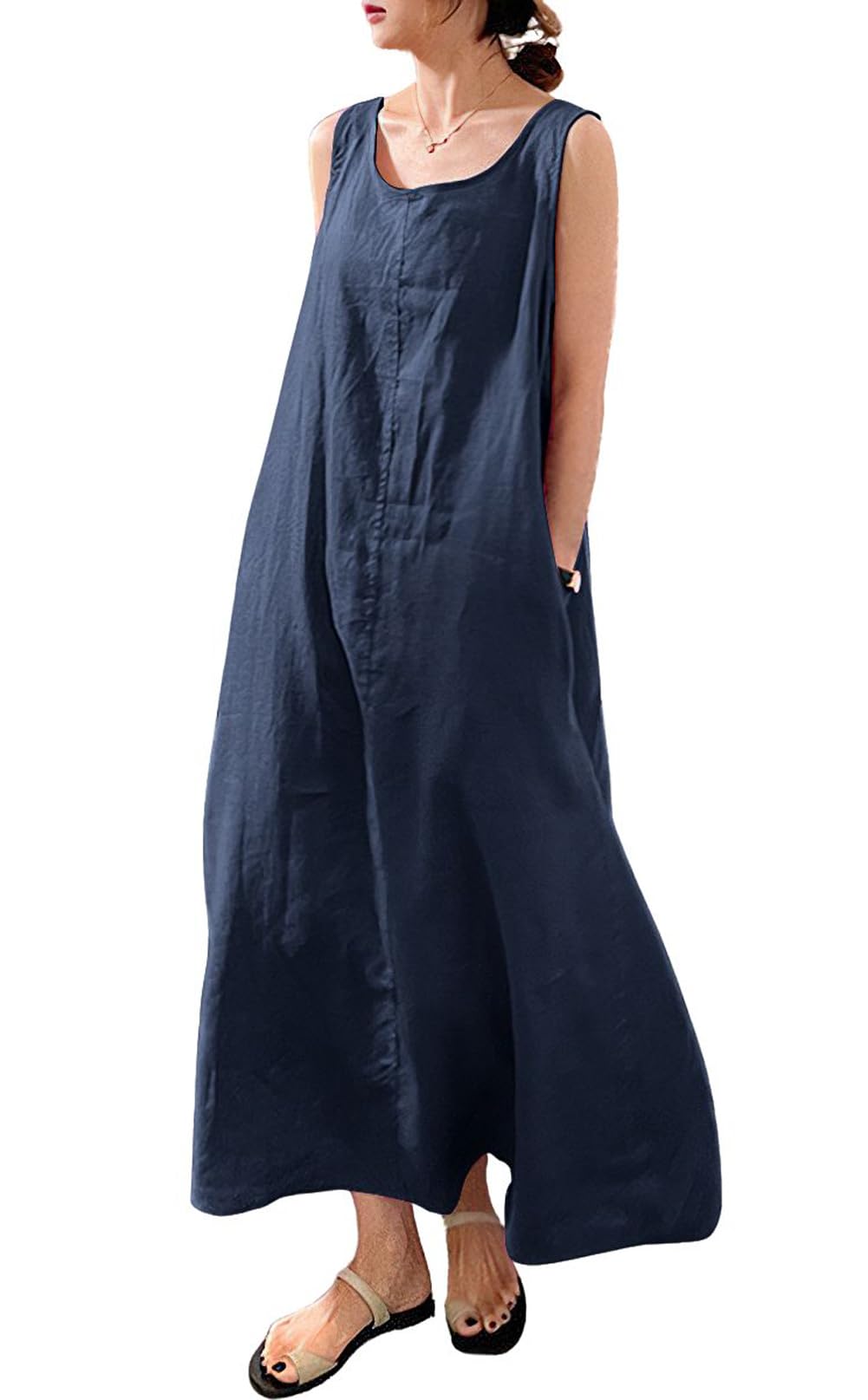 chouyatou Women's Summer Casual Sleeveless Cotton Sun Dress Maxi Tunic Tank Beach Dress with Pocket