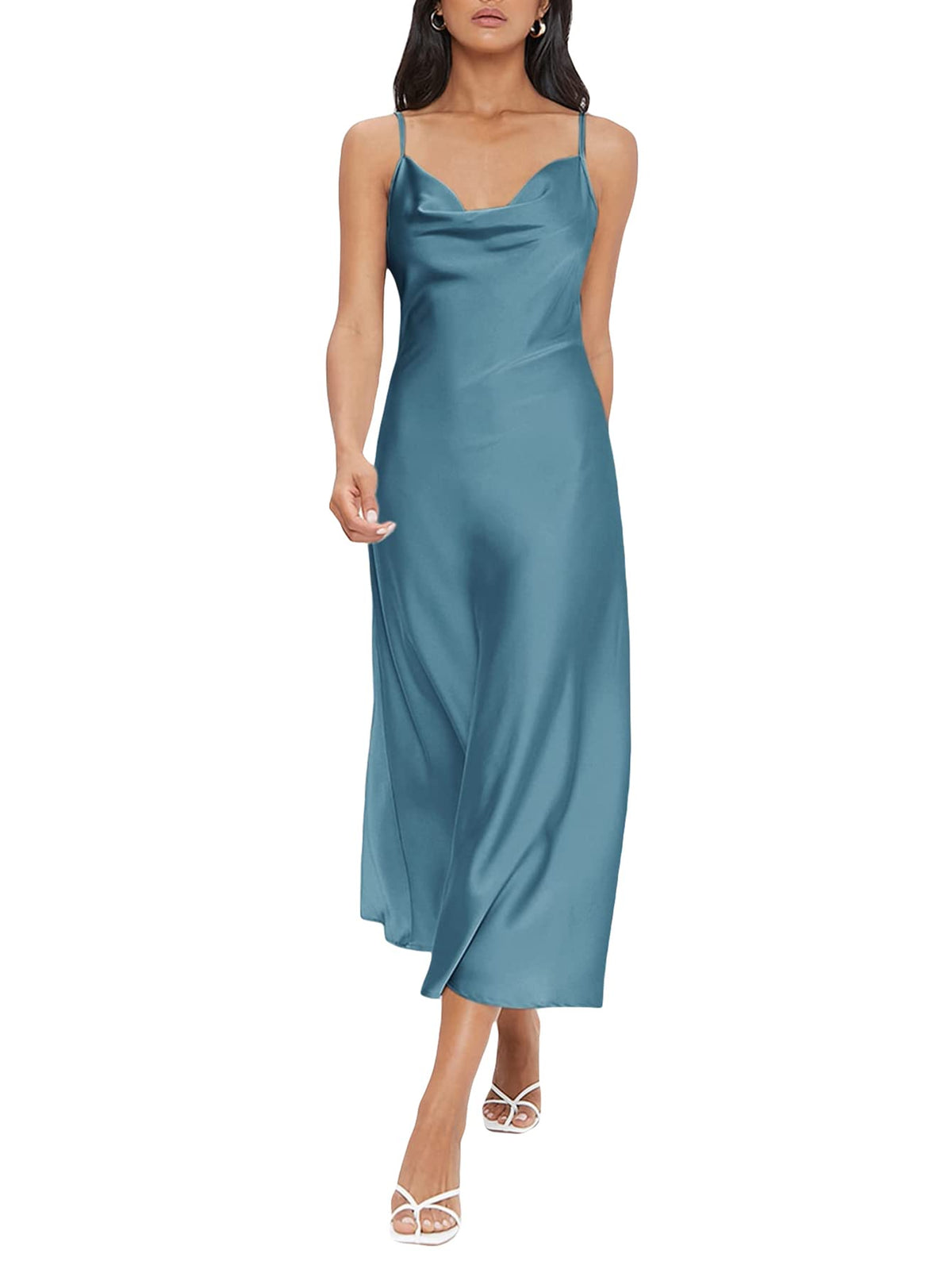 Floerns Women's Spaghetti Strap Cowl Neck Long Slip Satin Silk Midi Dress