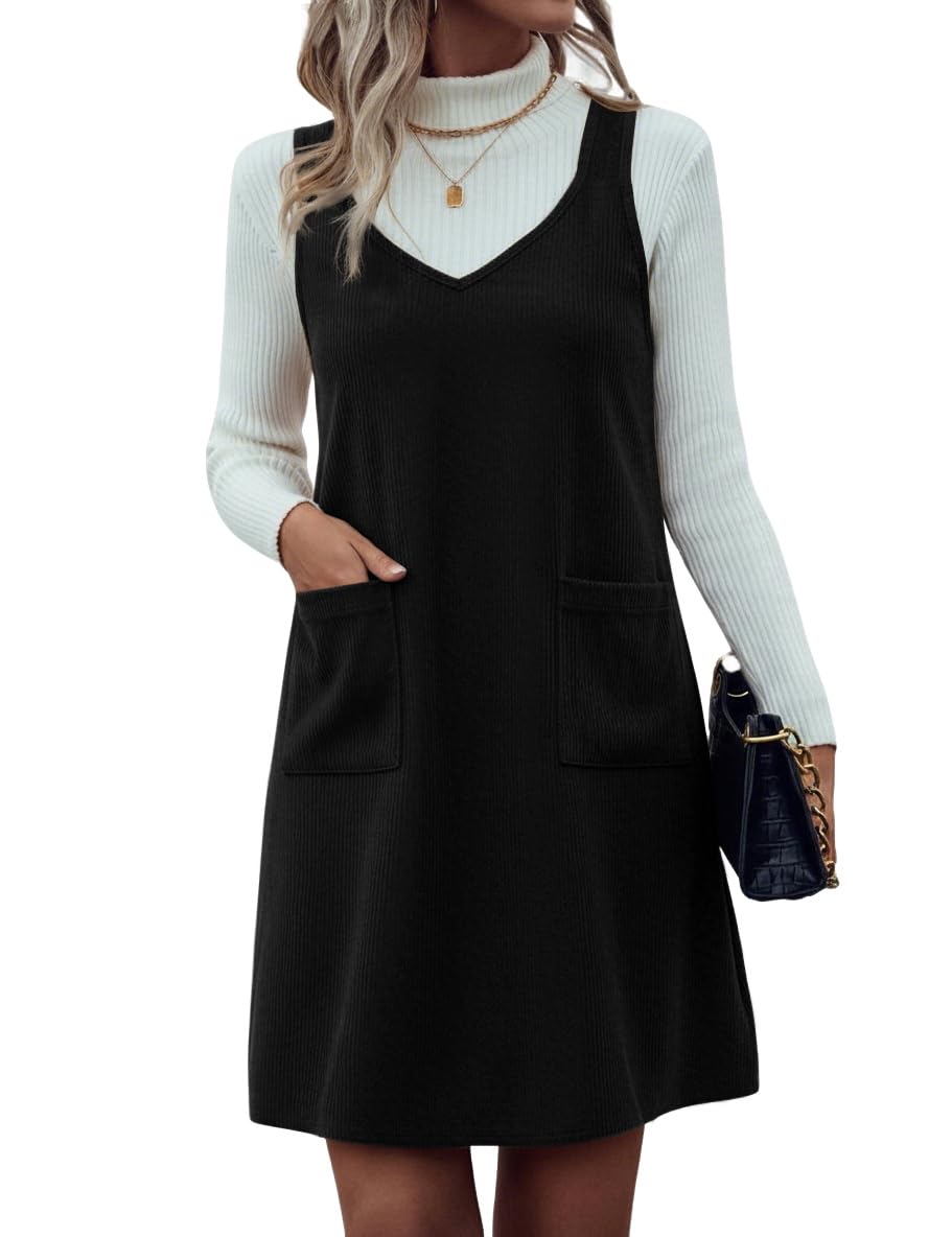 IDEALSANXUN Plaid Overall Dress for Women Fall Winter Sleeveless Plaid Dresses with Pockets