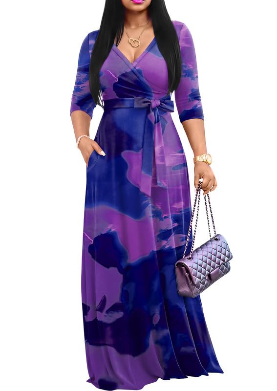 FANDEE Women's 2026 Maxi Dress - Solid Color Bohemian Summer Long Maxi Dress V-Neck 3/4 Sleeve