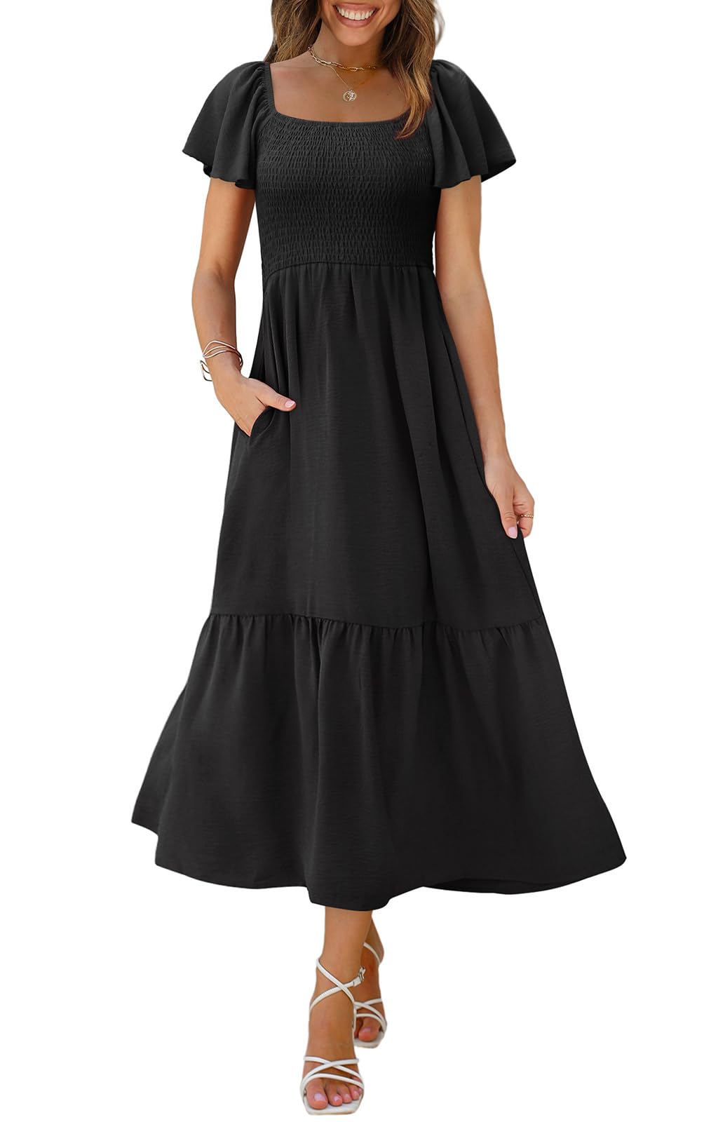 OFEEFAN Summer Dresses for Women Square Neck Ruffle Sleeve Smocked Maxi Dress with Pockets