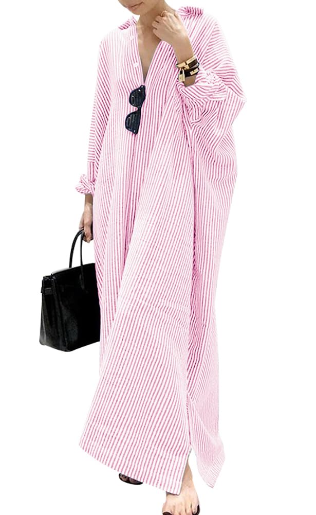 chouyatou Women's Casual Long Sleeve Button Down Loose Striped Cotton Maxi Shirt Dress