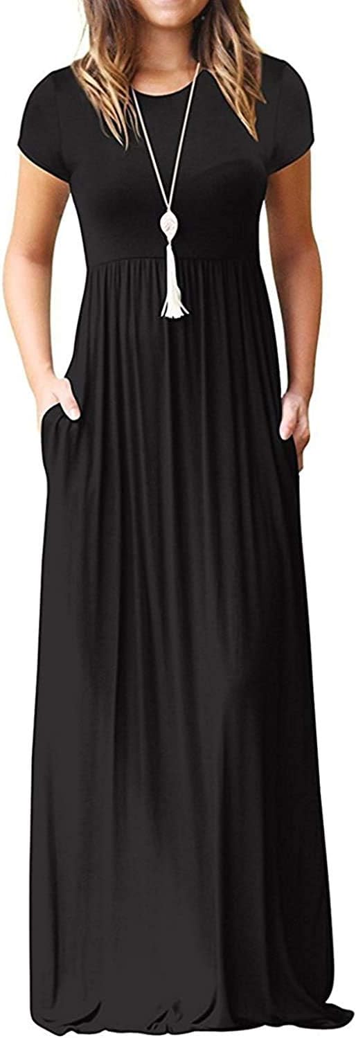 DEARCASE Maxi Dress for Women Short Sleeve Casual Summer Loose Plain Comfy Long Dresses with Pockets
