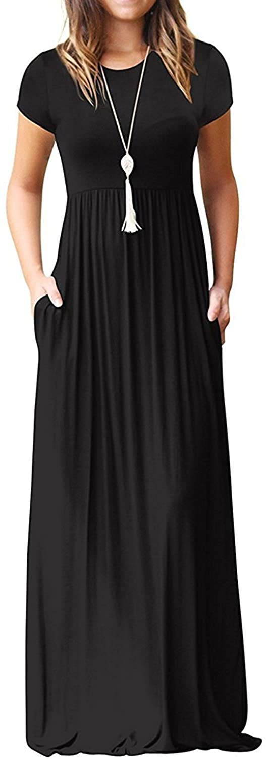 DEARCASE Maxi Dress for Women Short Sleeve Casual Summer Loose Plain Comfy Long Dresses with Pockets