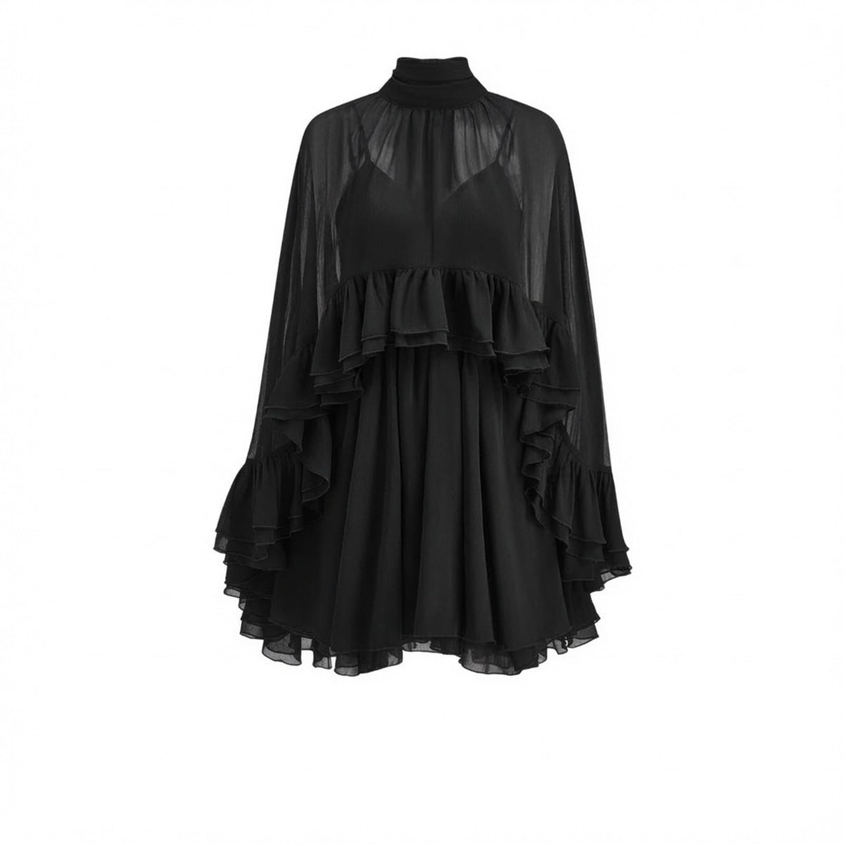 Women’s Semi Sheer Chiffon Ruffle Dress with Outer Cape, Poncho Sleeve Flowy Mini Dress, Loose Fit Elegant Summer Dress