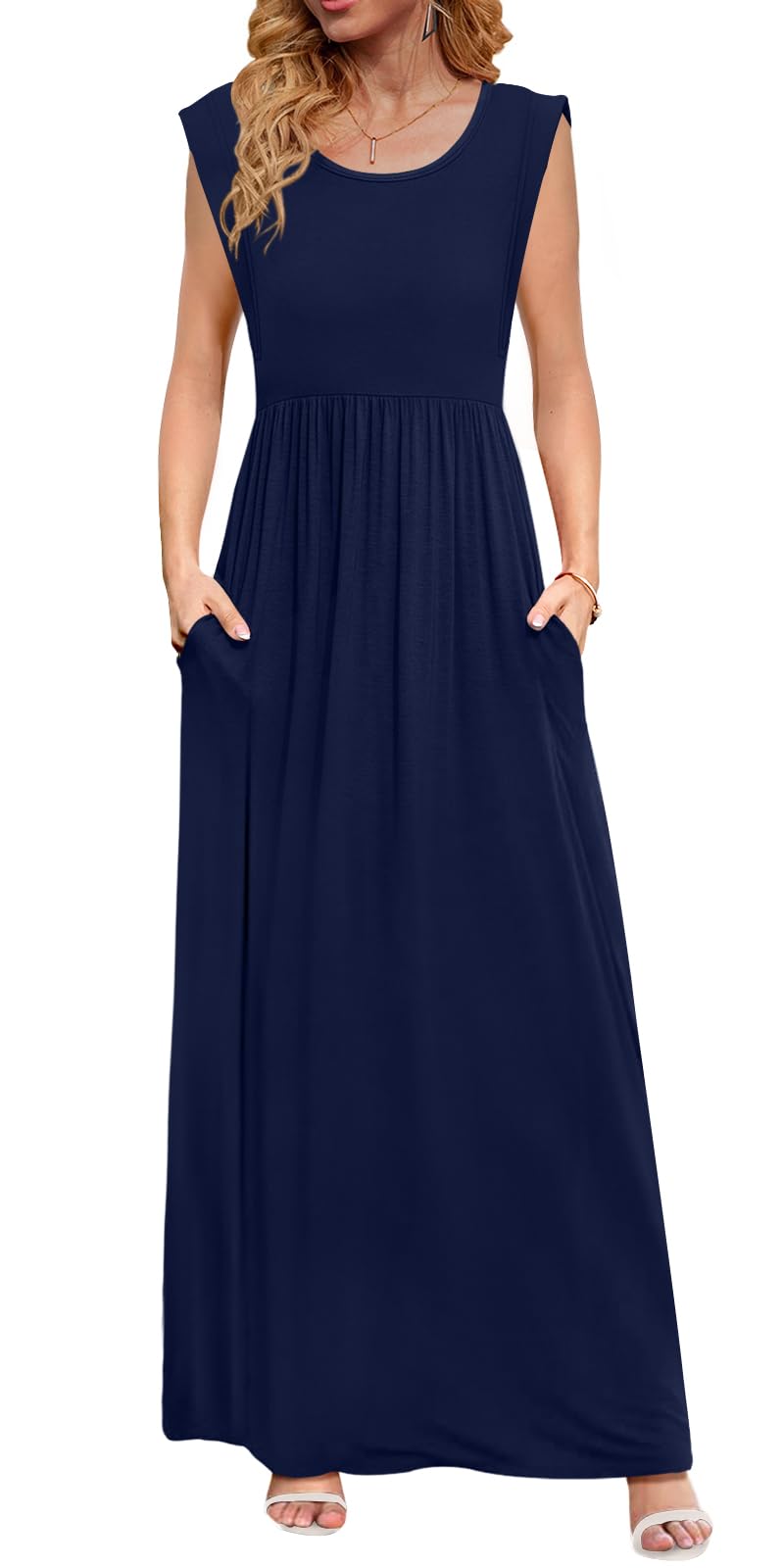 DB MOON Womens 2026 Maxi Dresses Empire Waist Long Summer Dress Casual Cap Short Sleeve Sundress with Pockets