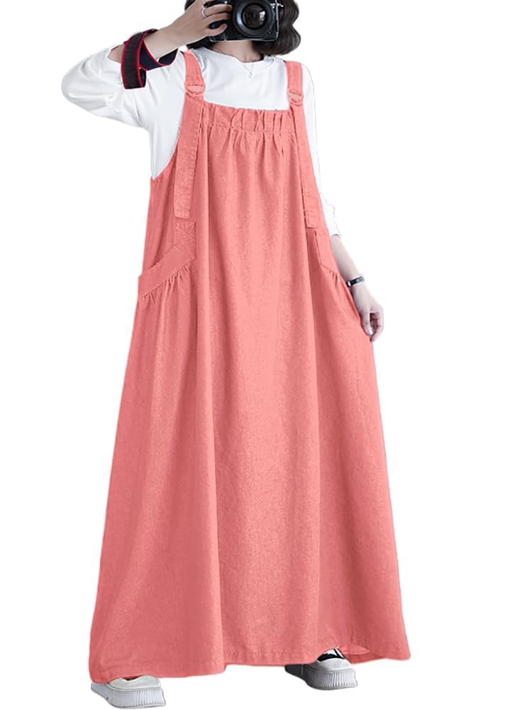 Denim Jumper Dress for Women Loose Version Baggy Style Maxi Length Adjustable Straps Wide Hemline