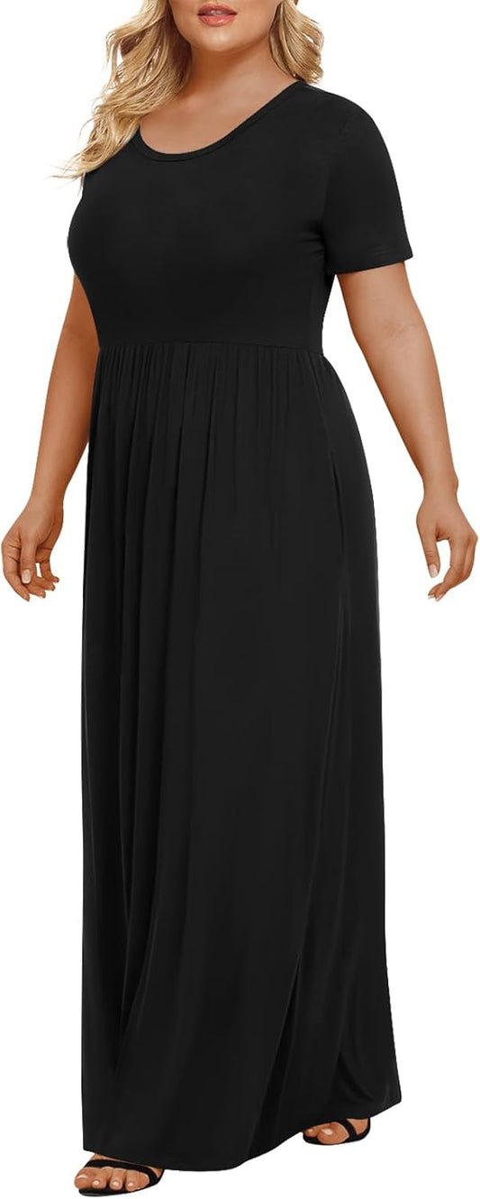 LONGYUAN Women's Plus Size Maxi Dresses Summer Short Sleeve Casual Long Dress 2026 XL-6XL
