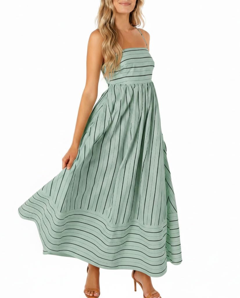 chouyatou Women's Striped Back Smocked Maxi Dress Sexy Spaghetti Strap Cut Out Flowy Swing Long Dress