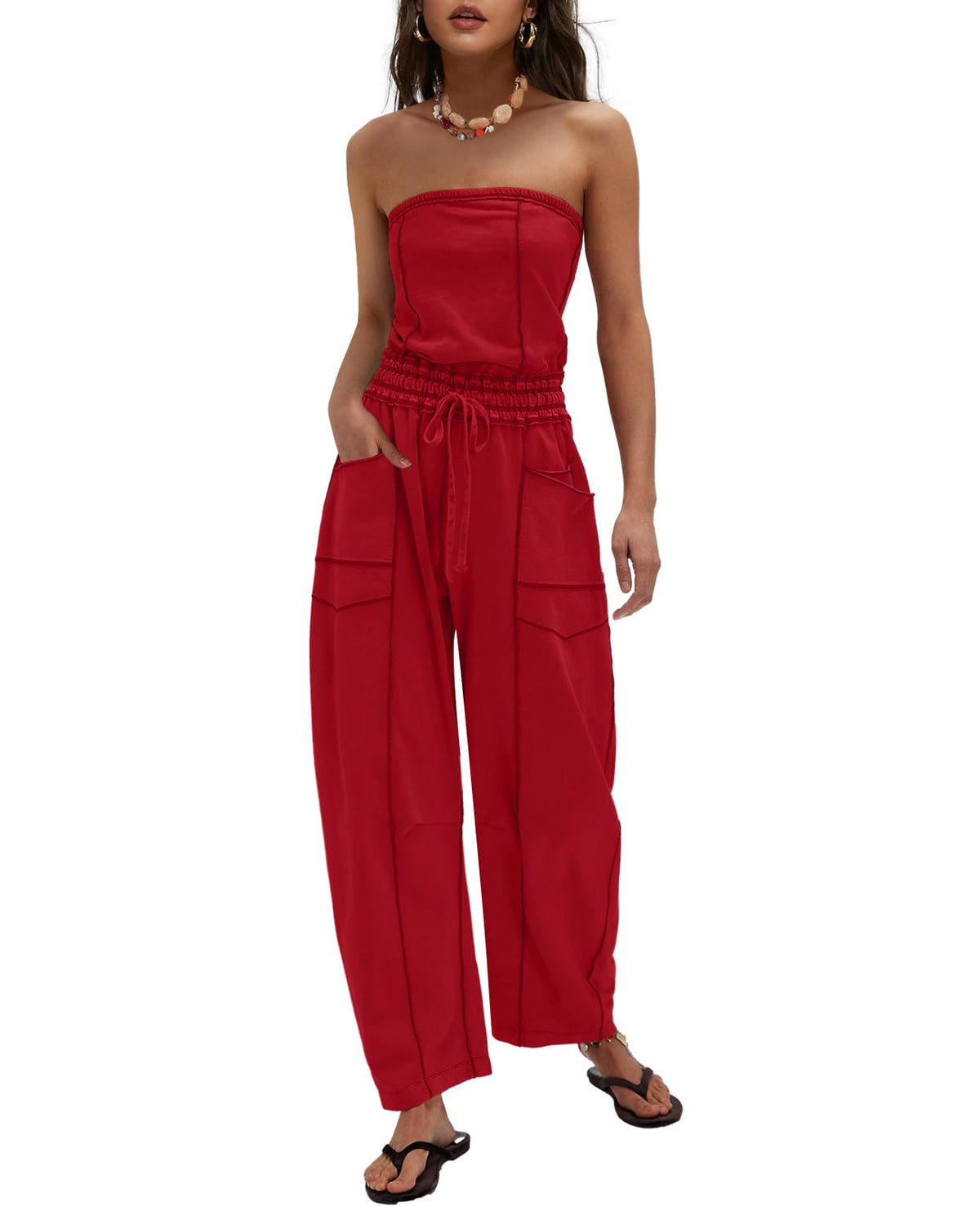 LAMISSCHE Womens Casual Strapless Jumpsuits off the Shoulder Summer Rompers Sleeveless One Piece Outfits with Pockets