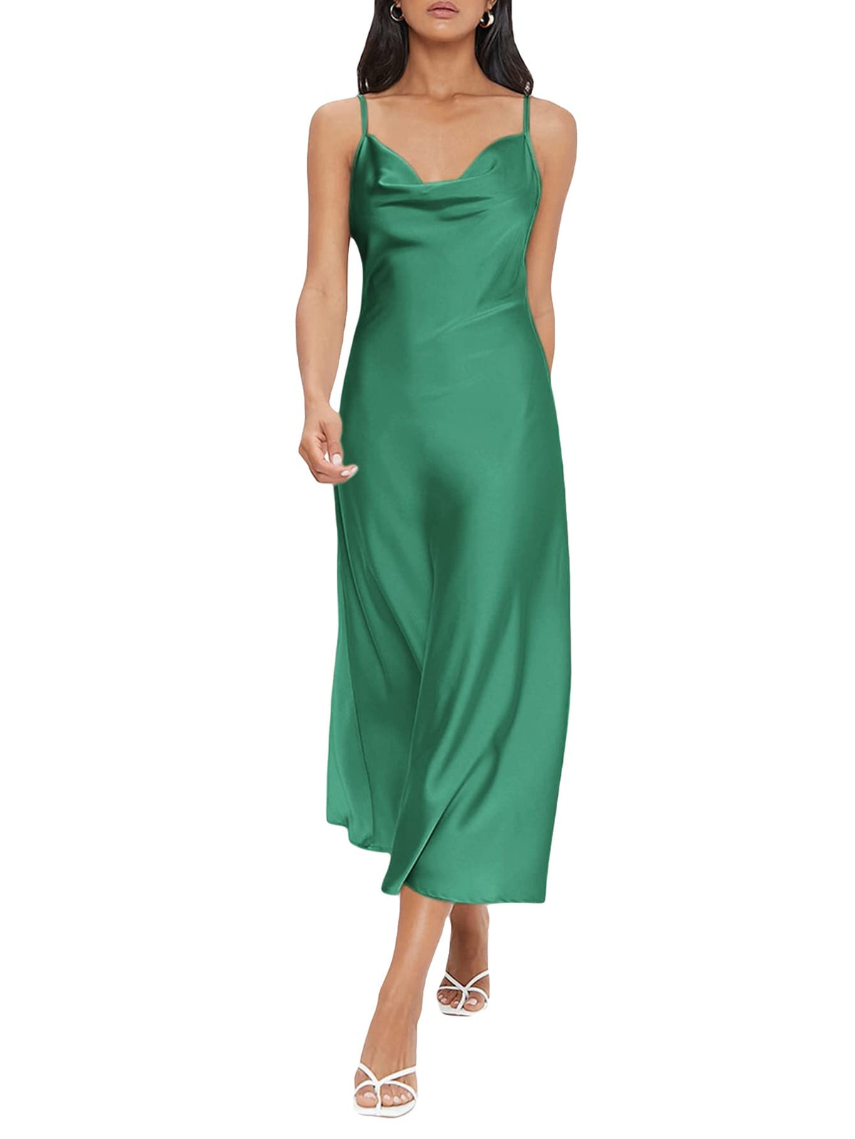 Floerns Women's Spaghetti Strap Cowl Neck Long Slip Satin Silk Midi Dress