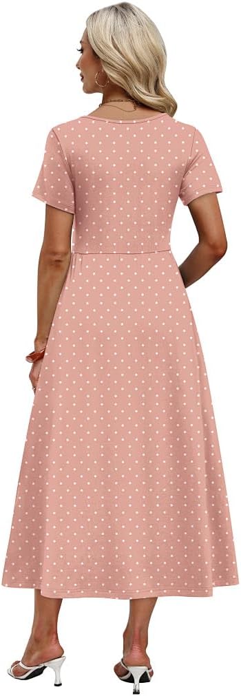 OFEEFAN Spring Summer Dresses for Women 2026 Crewneck Short Sleeve Flowy Casual Midi Beach Sundress with Pockets